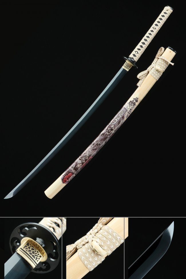 1045 Carbon Steel Katana with Black Blade and Manga-Themed Natural Wood Saya in Beige Wrap