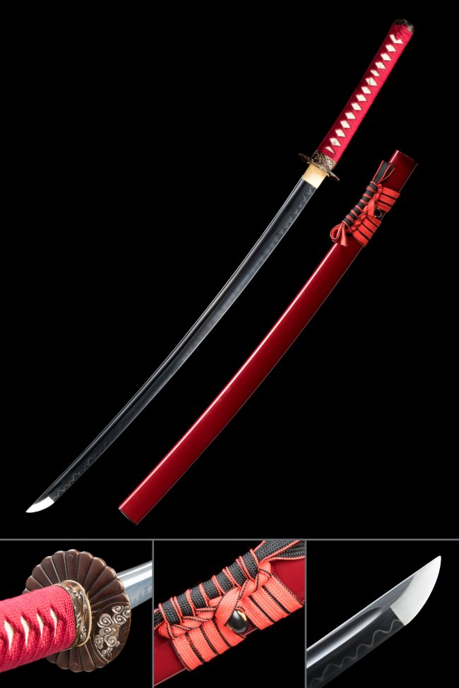 T10 Carbon Steel Red Katana with Real Hamon - Chrysanthemum Tsuba, Dark Red Lacquer Saya