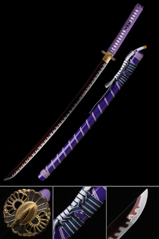 1090 Carbon Steel Katana with Dark Red Hamon Blade in Purple Saya - Obanai Replica