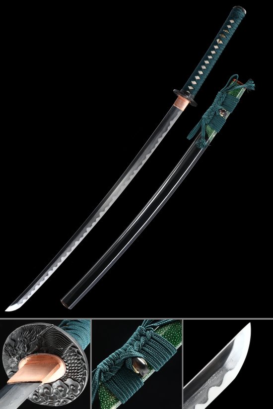 Damascus Steel Katana with Dragon Tsuba, Black Lacquer Saya & Teal Cord Wrap