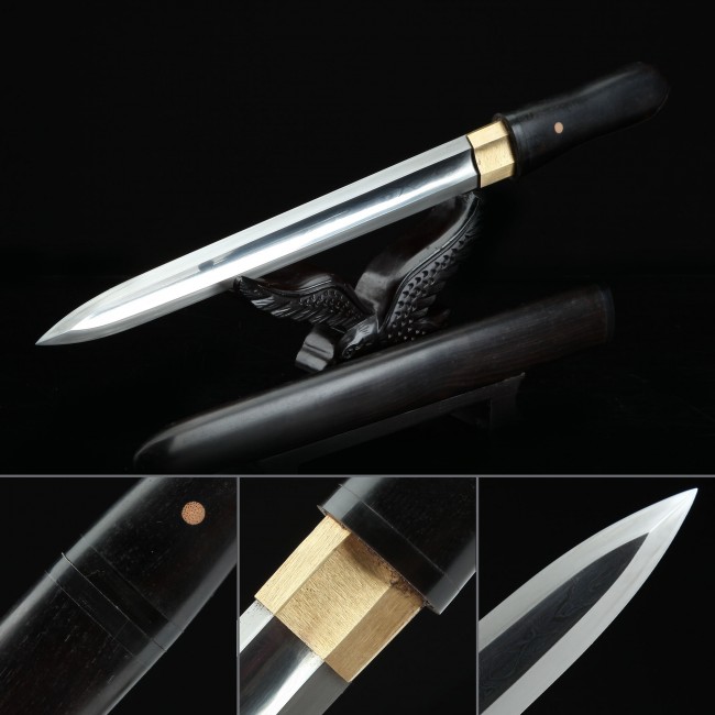 Double Edge Tanto in Damascus Steel with Black Hardwood Saya and Gold Collar - 18 Inch Replica