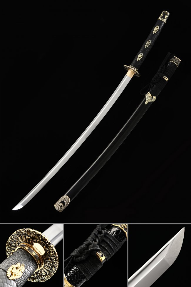 Manganese Steel Katana with Black Lacquer Saya - Chrysanthemum Tsuba, Black-Gold Koshirae