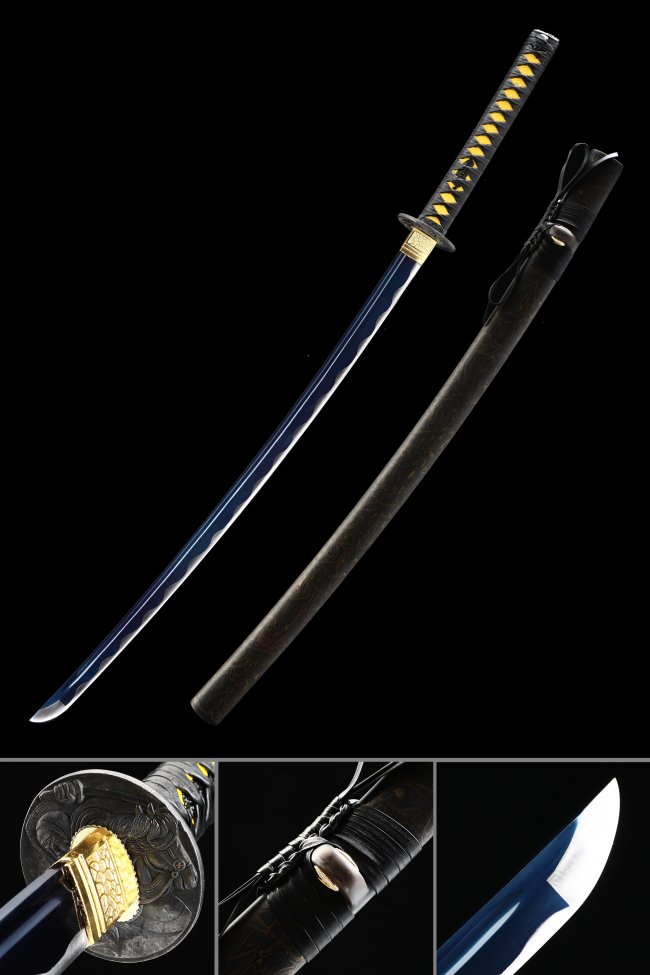 Manganese Steel Katana with Blue Blade & Chrysanthemum Tsuba - Black-Gold Koshirae
