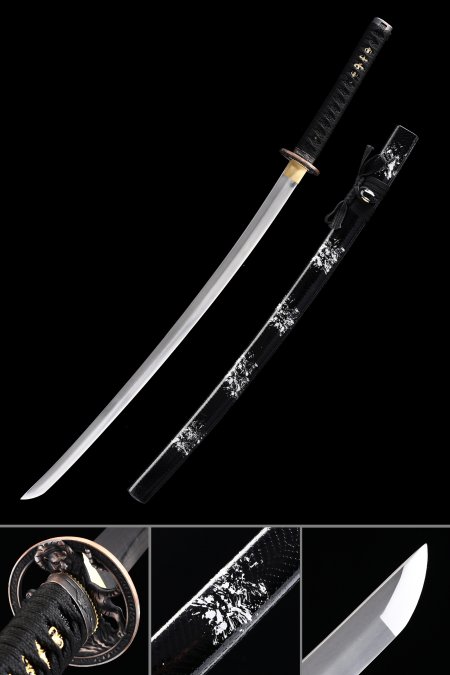 High Manganese Steel Japanese Katana Samurai Swords With Black Leather Scabbard And  Copper Tsuba