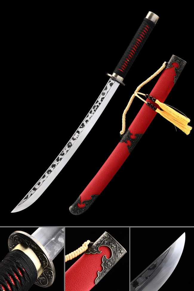 Japanese Naginata in Manganese Steel - Red Lacquer Saya, Flower Tsuba, Full Tang