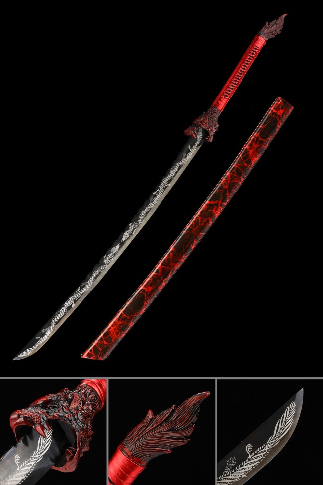 T10 Steel Red Katana with Feather-Engraved Blade and Dragon Tsuba in Red Marble Saya