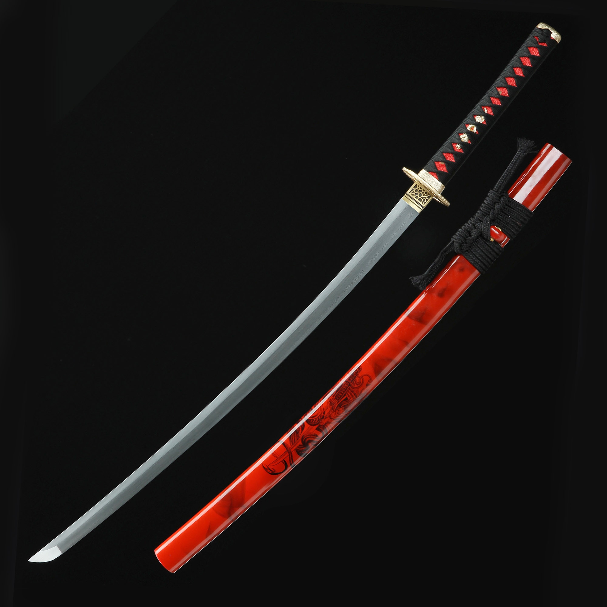 Red Katana | Damascus Steel Katana with Red Lacquered Dragon Saya