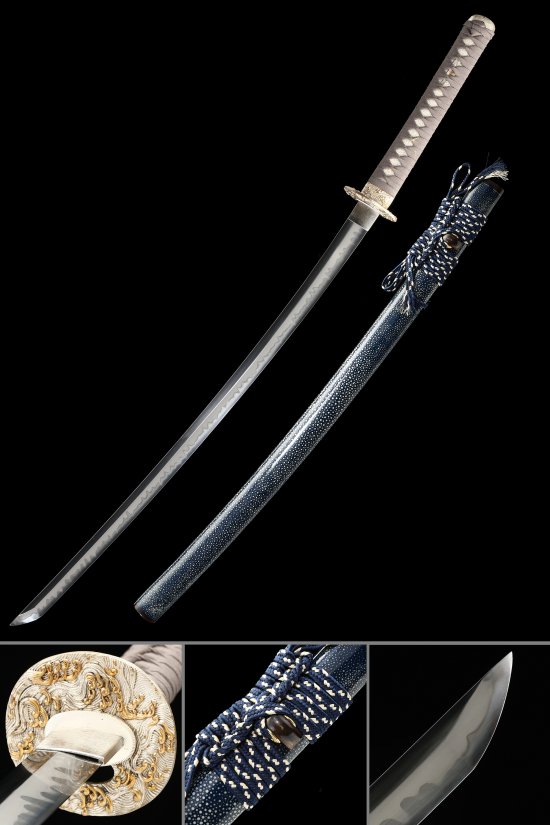 Wave Tsuba T10 Carbon Steel Katana, Handcrafted, Dark Blue Saya & White Tsuka