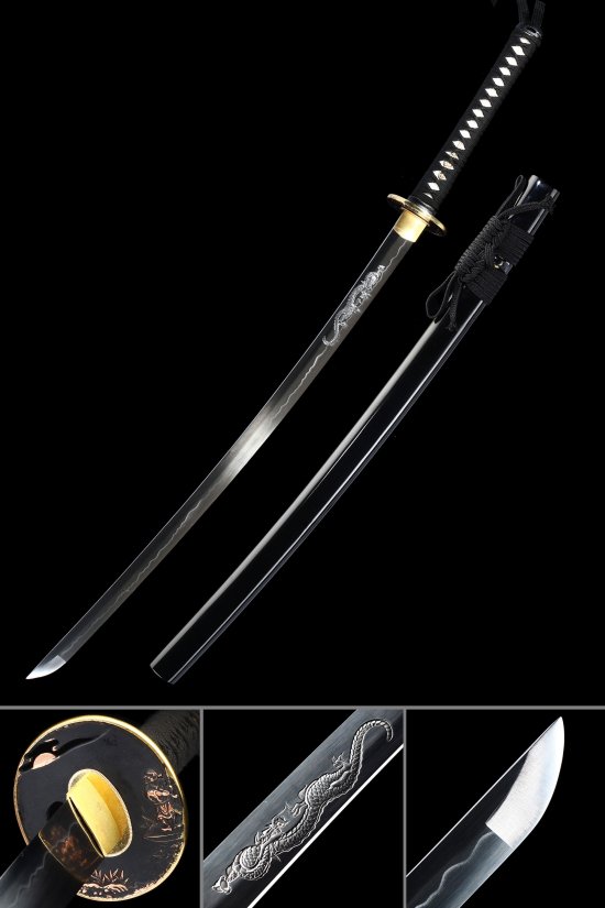 1090 Carbon Steel Katana with Dragon Engraved Blade - Gold Tsuba, Black Hardwood Saya