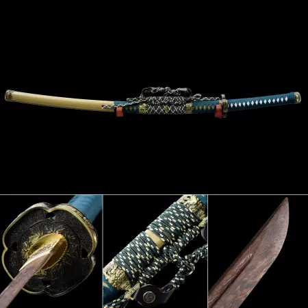 Handmade Brown Wooden Blade Unsharpened Katana Sword With Light Green Scabbard And Kirsite Tsuba