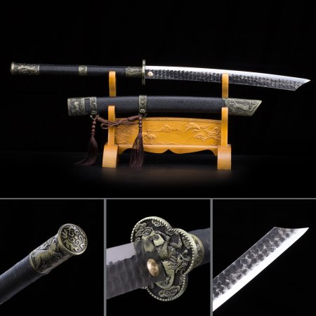 Handmade High Manganese Steel Two Handed Podao Chinese Dao Broadsword With Black Leather Scabbard