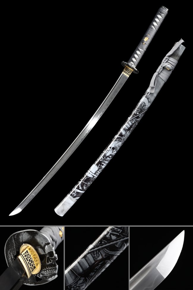 T10 Carbon Steel Katana with Samurai-Print Saya, Skull Tsuba in Gold-Black, Gray Ito