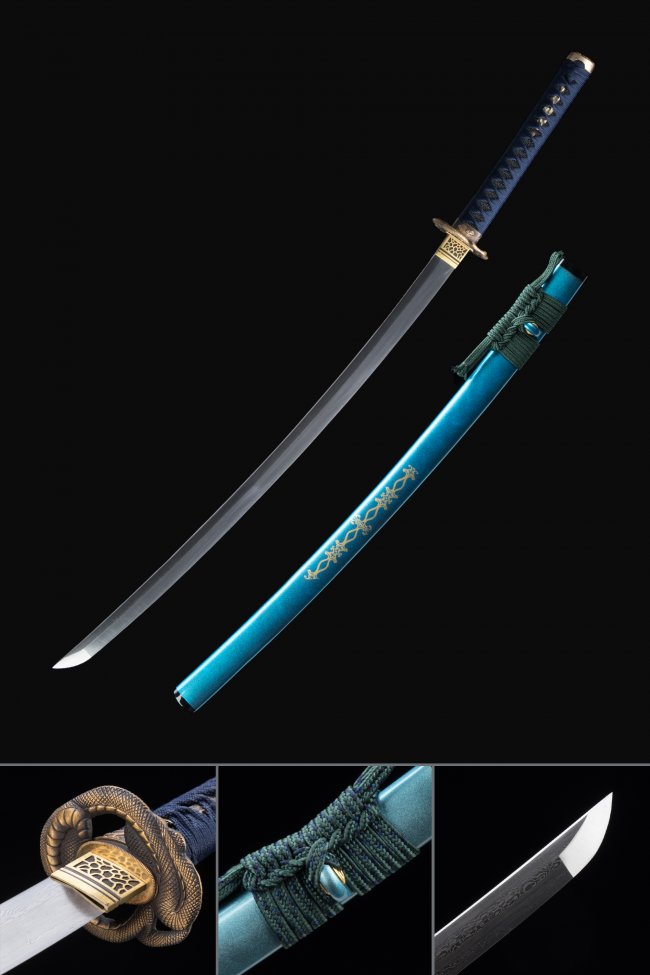 Damascus Steel Katana with Teal Lacquered Saya, Snake Tsuba in Bronze & Dark Blue Handle