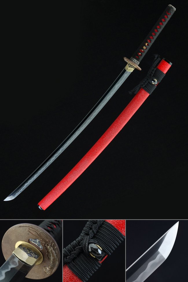 Tamahagane Steel Clay Tempered Katana with Real Hamon in Red Rayskin Saya and Black Cord Tsuka