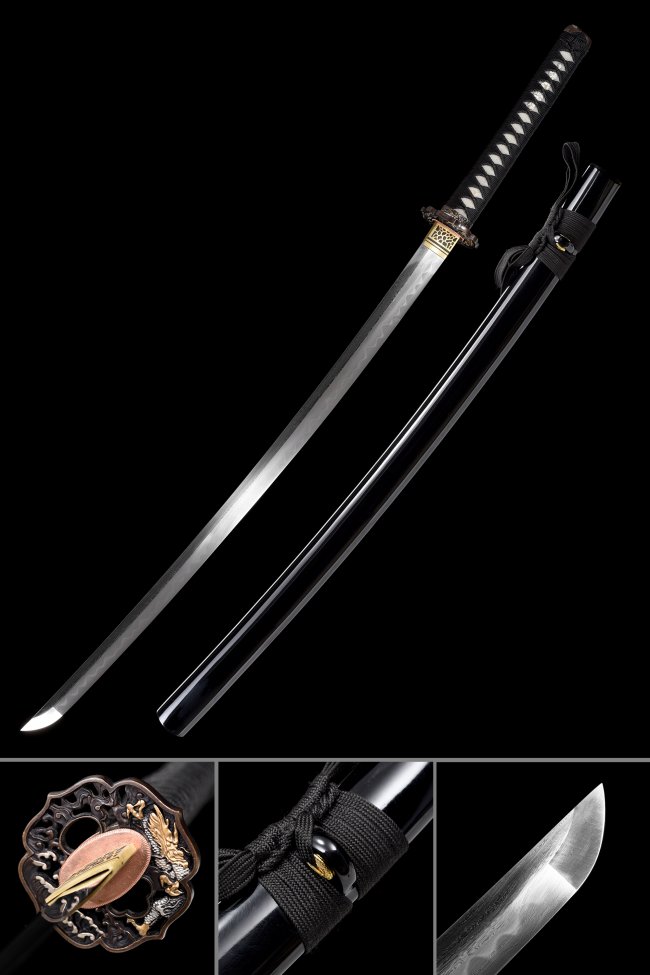 Damascus Steel Katana with Real Hamon in Black Koshirae - Phoenix Bronze-Gold Tsuba