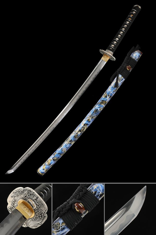 T10 Carbon Steel Katana with Real Hamon, Blue-Gold Lightning Saya & Silver Wave Tsuba