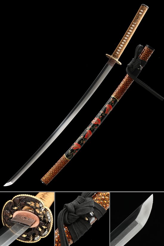 Bamboo Tsuba Damascus Steel Katana, Full Tang, Handcrafted & Black Red Flower Saya