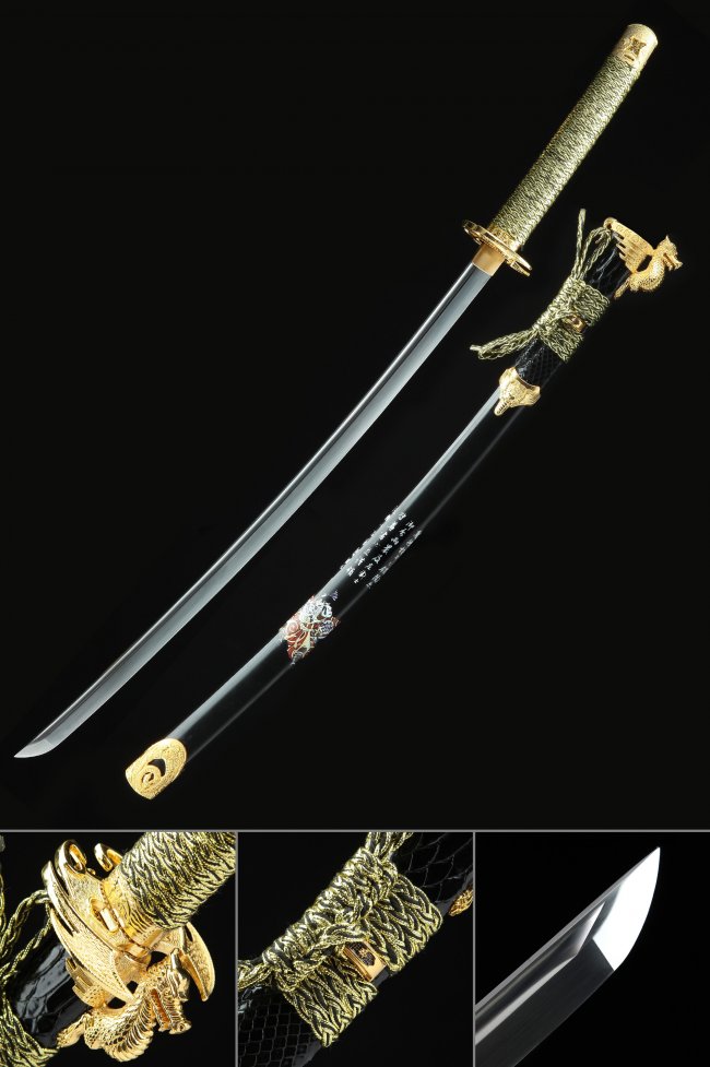Manganese Steel Katana with Black Lacquer Saya in Gold & Light Green Koshirae