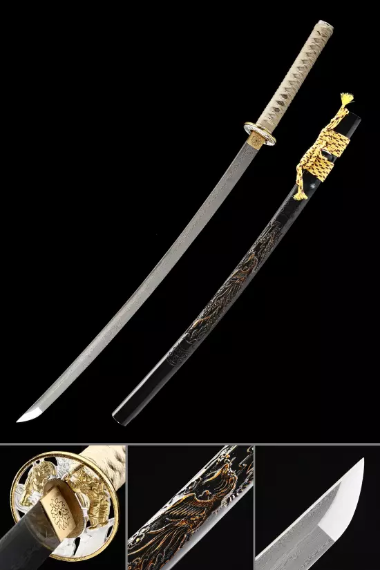 Handmade Japanese Katana Sword Pattern Steel With Phoenix Theme Scabbard