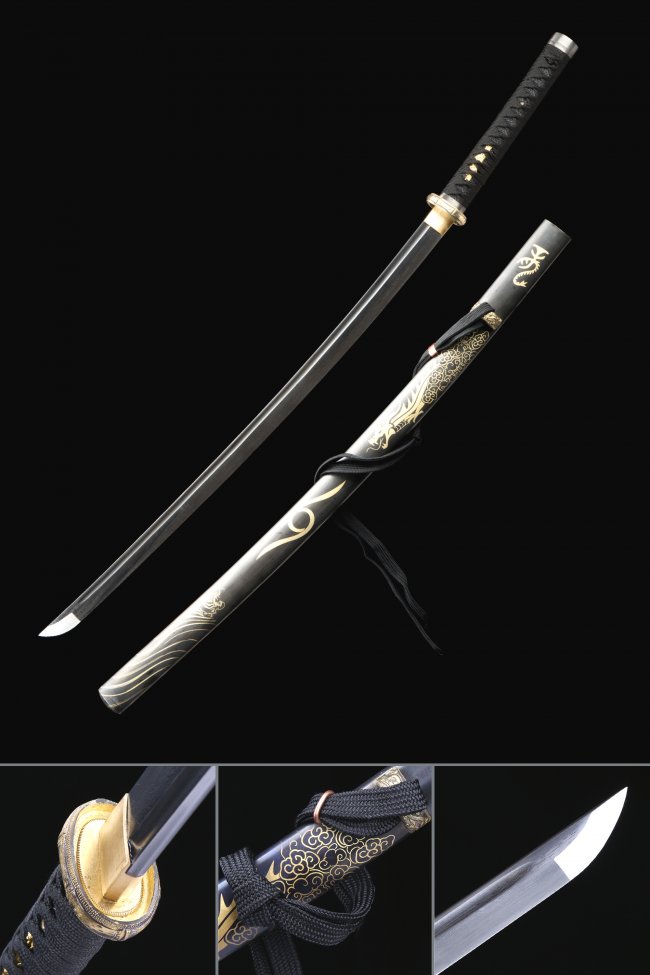 Damascus Steel Full Tang Katana with Gold Dragon Saya in Black - Folded Samurai Sword