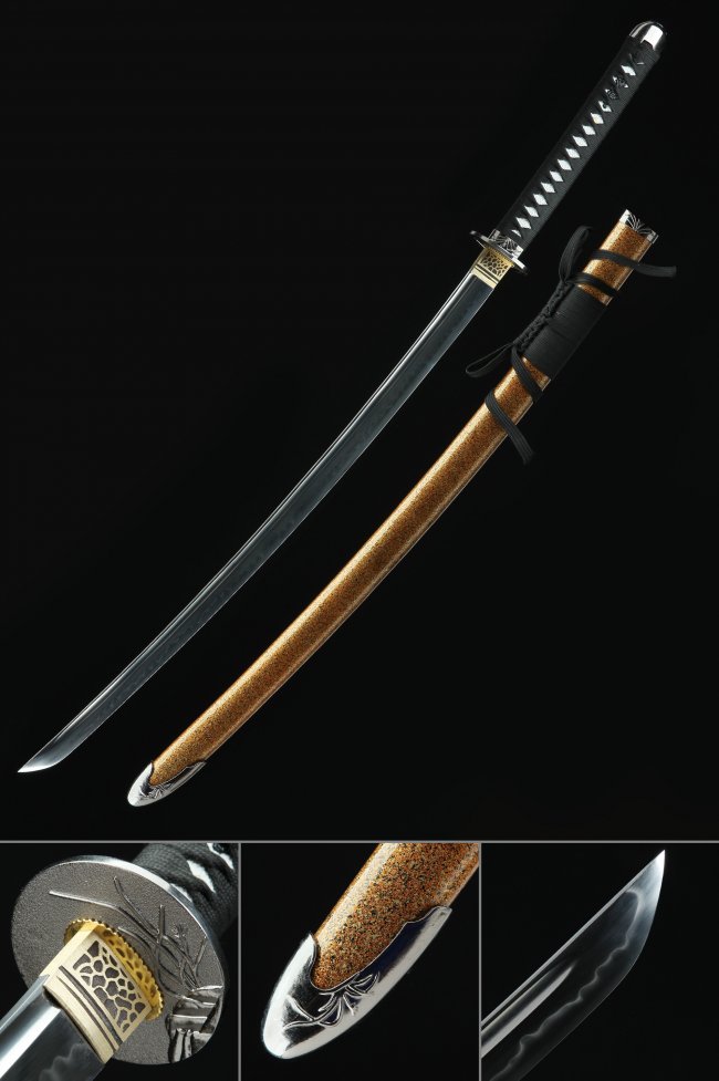 T10 Steel Katana with Real Hamon in Orange Hardwood Saya - Full Tang, Black Ito Wrap