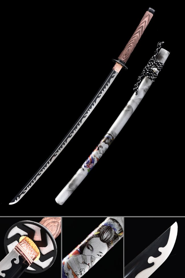 Black Manganese Steel Katana with Geisha-Painted White Saya and Wave Tsuba - Brown Wood Handle