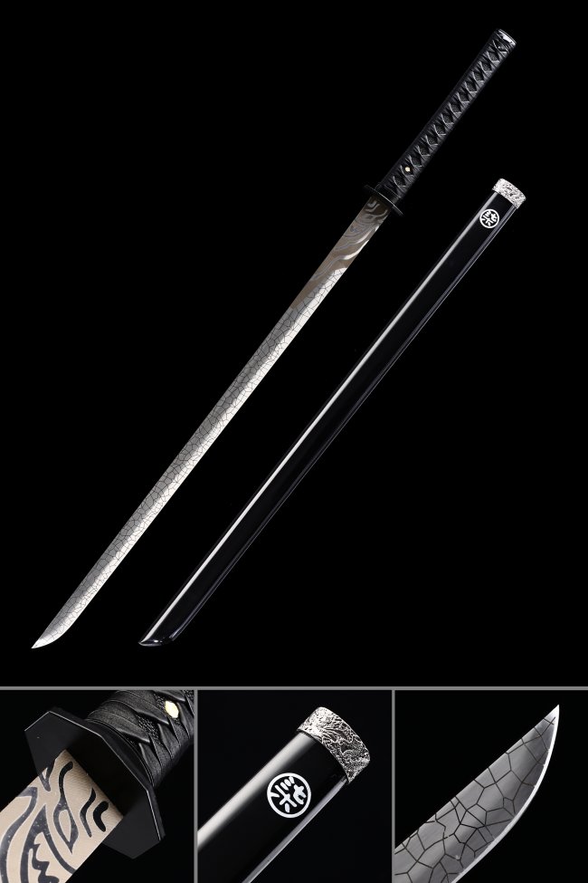 Kokushibo Ninjato in Manganese Steel with Crackle Hamon, Black Lacquer Saya & Dragon Kojiri