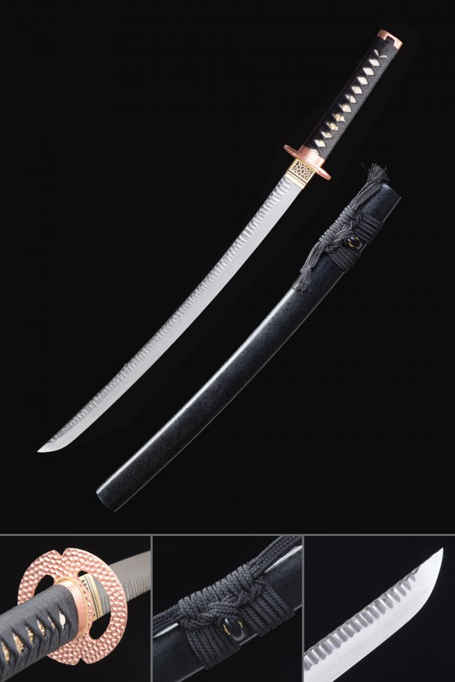 Damascus Steel Wakizashi with Rose Gold Tsuba - Black Hardwood Saya, Full Tang Short Katana