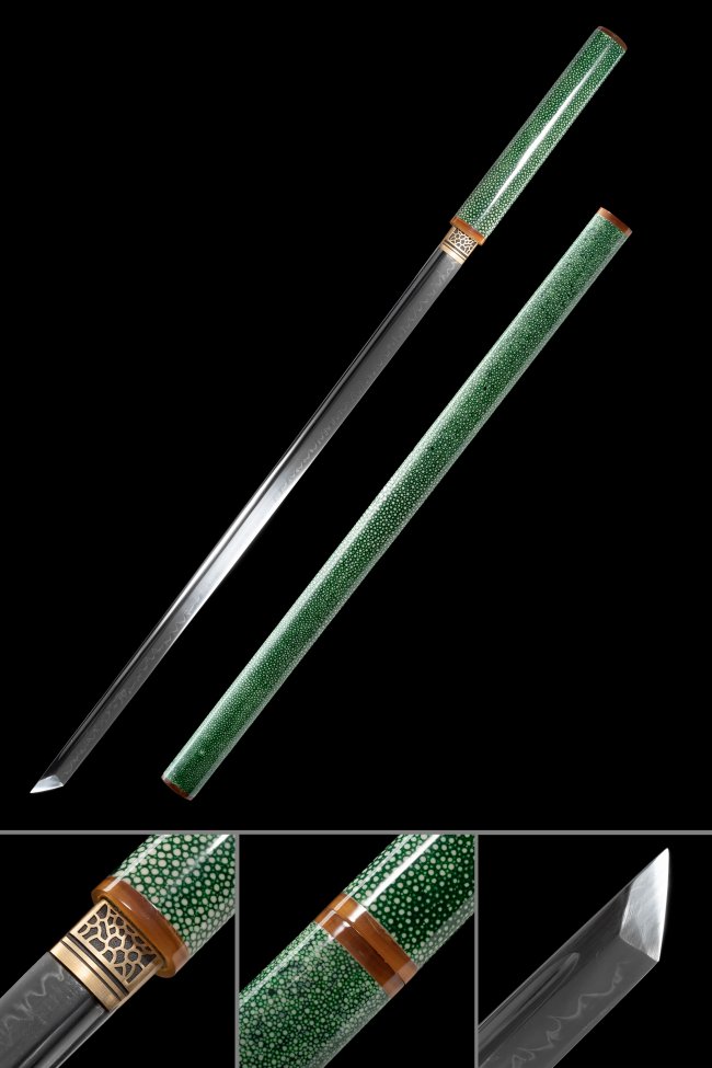 T10 Carbon Steel Zatoichi Sword with Real Hamon - Green Rayskin Saya & Gold Geometric Tsuba
