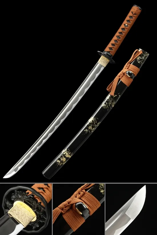 1060 Carbon Steel Wakizashi with Black Lacquer Saya - Orange Ito