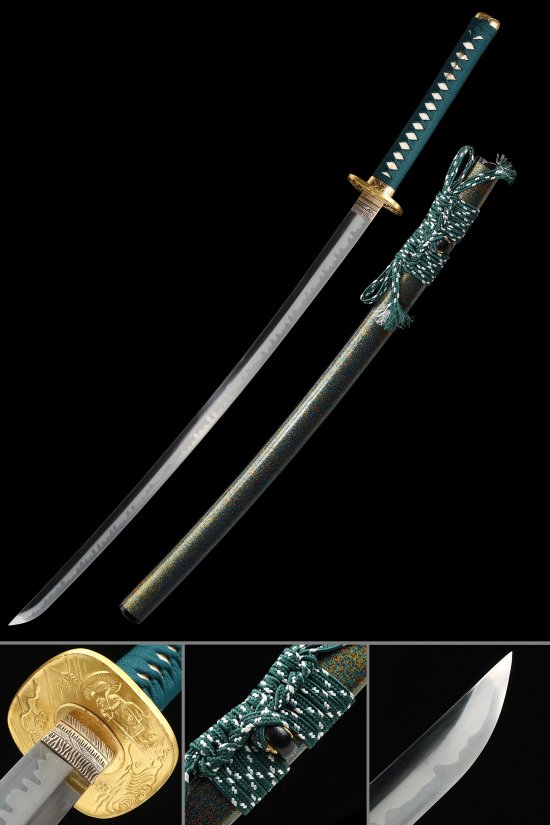 T10 Carbon Steel Full Tang Katana with Marble Saya in Teal - Gold Samurai Tsuba