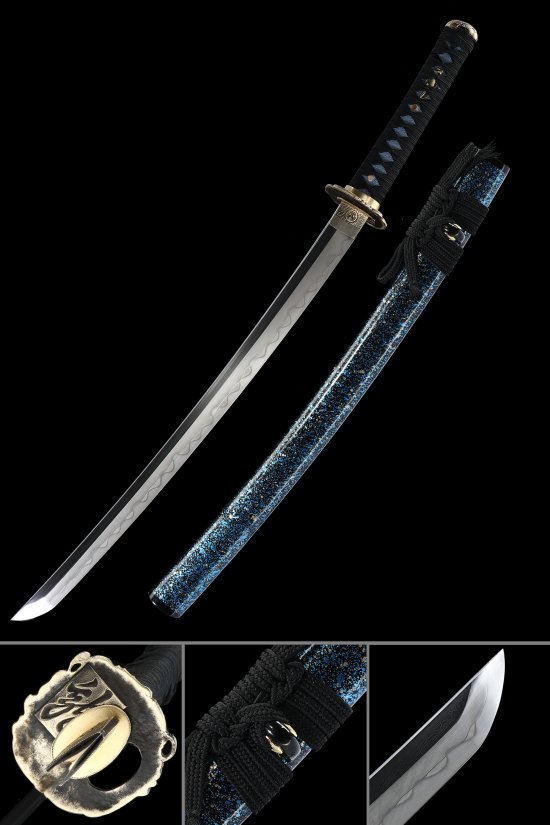 T10 Carbon Steel Wakizashi with Blue Splatter Saya - Full Tang, Wave Engraving, Gold Tsuba