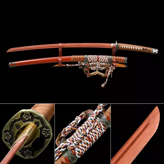 Handmade Rosewood Blade Unsharpened Katana Sword With Red Scabbard And Kirsite Tsuba