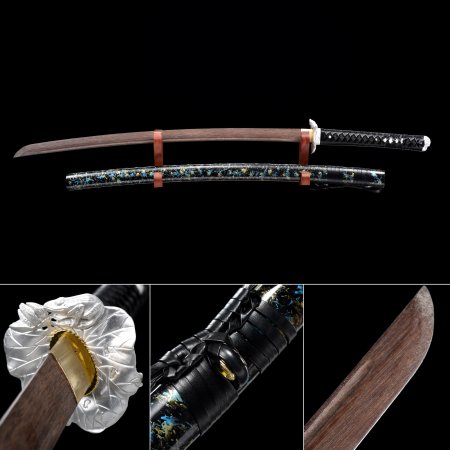 Handmade Brown Wooden Blade Unsharpened Katana Sword With Black Scabbard And Kirsite Tsuba
