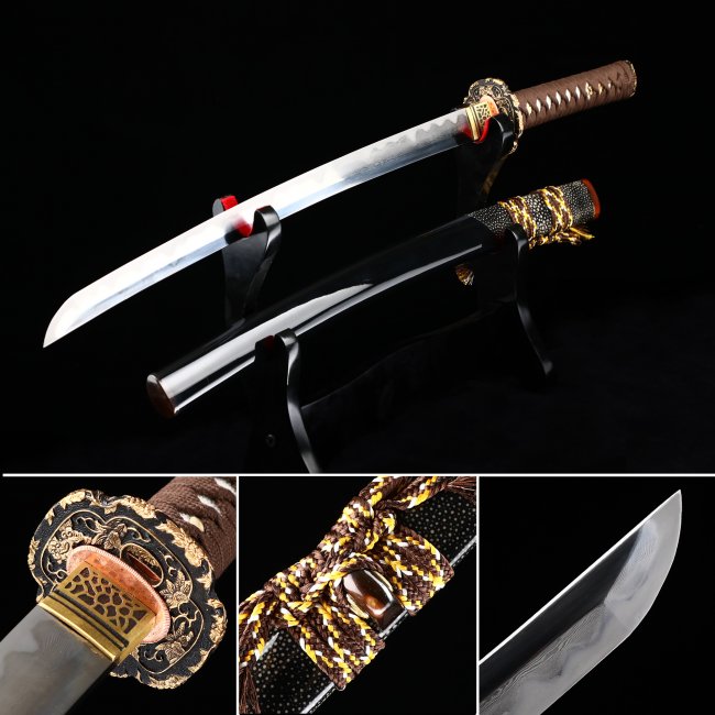 Damascus Steel Wakizashi with Real Hamon, Full Tang Blade in Black-Gold Koshirae