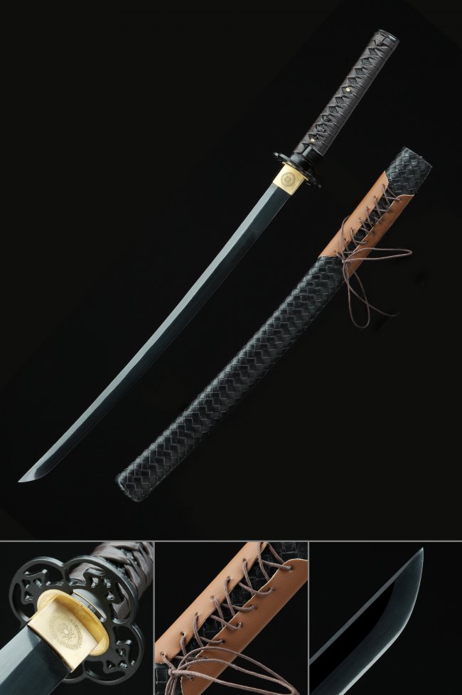 1045 Carbon Steel Black Blade Wakizashi with Woven Leather Saya and Iron Openwork Tsuba