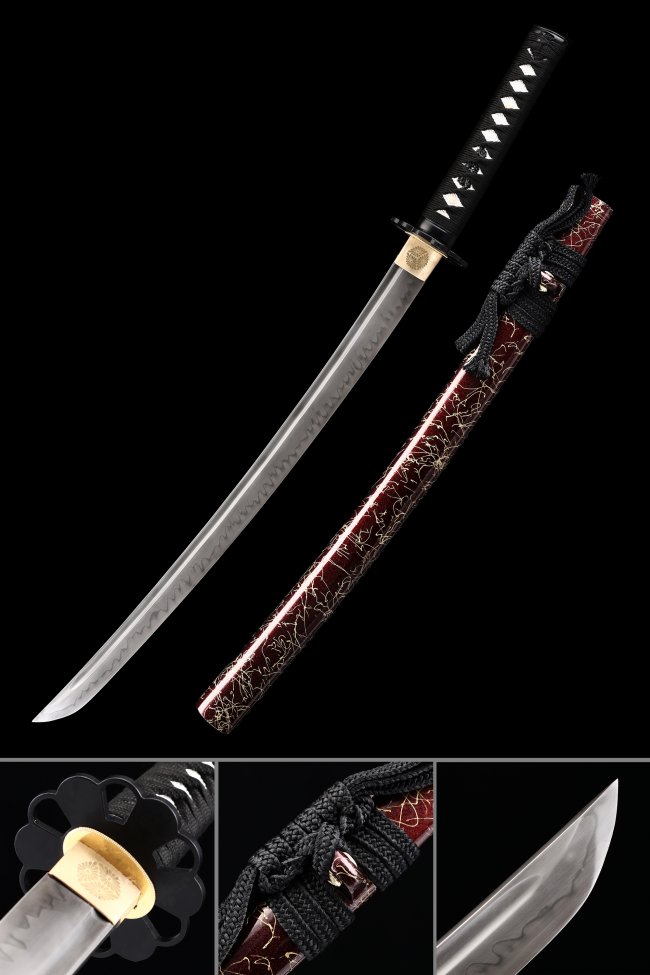 T10 Carbon Steel Wakizashi with Real Hamon in Dark Red Lacquer Saya - Gold Vine & Chrysanthemum Tsuba