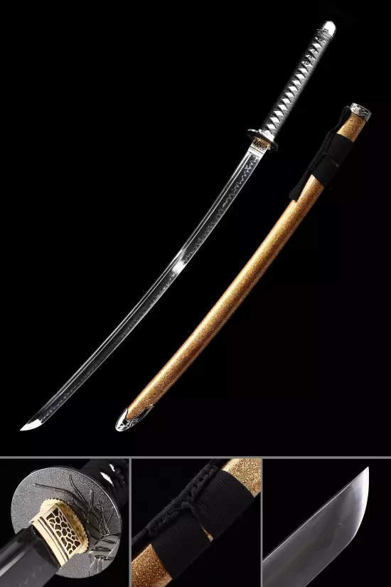 Handmade Japanese Katana Sword T10 Folded Clay Tempered Steel Real Hamon With Orange Scabbard