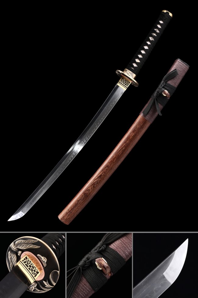 T10 Folded Clay Tempered Wakizashi Sword with Real Hamon in Brown Rosewood Saya and Copper Tsuba