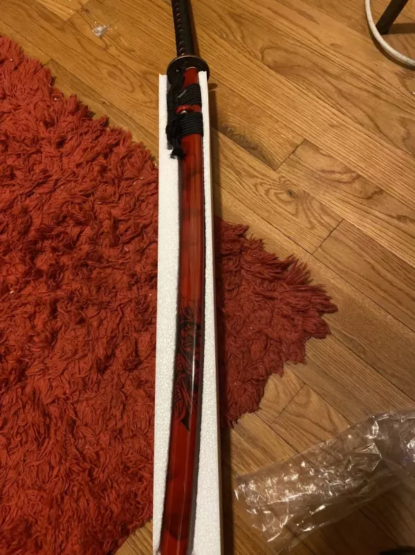 Handmade Japanese Sword T10 Folded Clay Tempered Steel With Red Scabbard