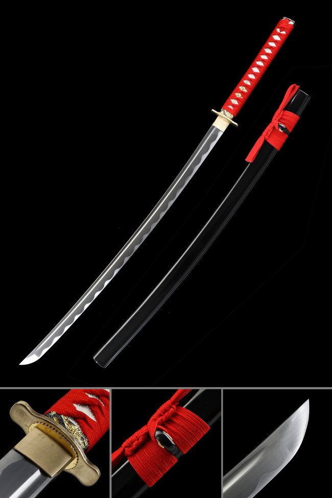 1045 Carbon Steel Katana with Red Cord Handle, Dragon Tsuba in Black Lacquer Saya