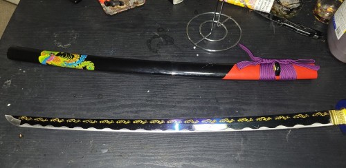 Handmade Japanese Samurai Sword With Blue Blade And Black Scabbard