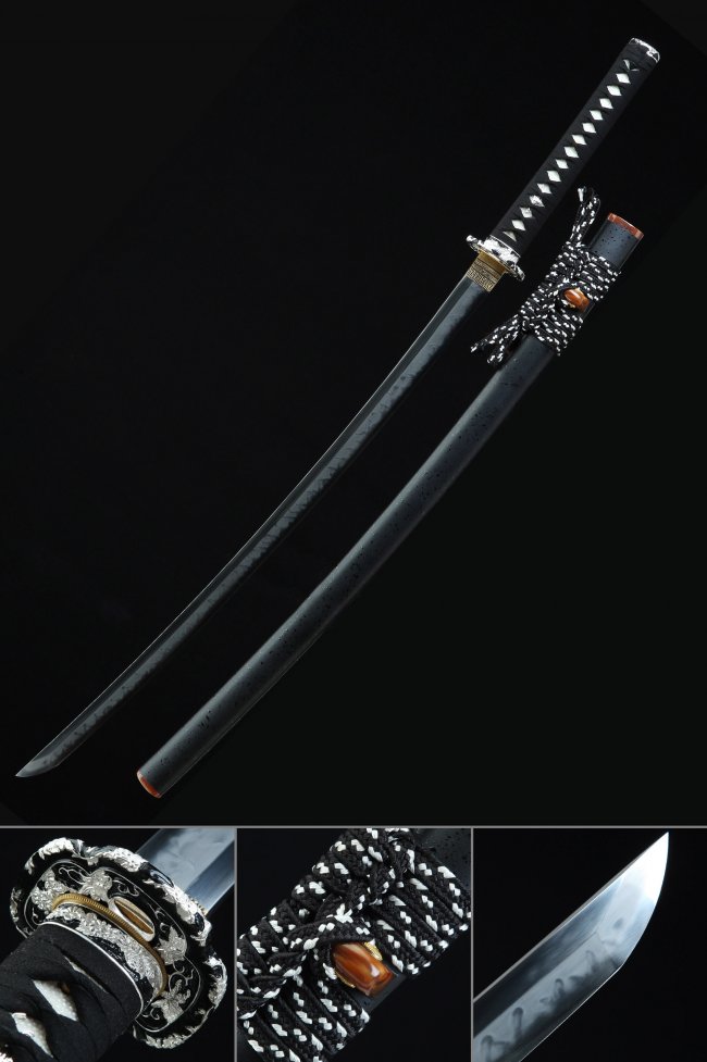 T10 Carbon Steel Katana with Hamon Blade, Black-Silver Tsuba & Black Lacquer Saya