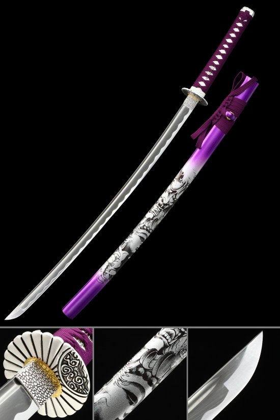 1065 Carbon Steel Katana with Dragon Saya in Purple-White - Chrysanthemum Tsuba