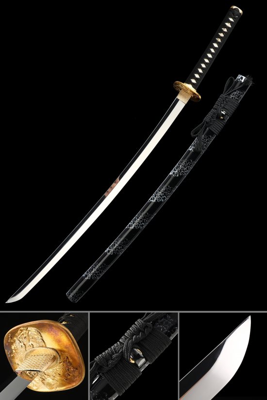 1095 Carbon Steel Katana with Gold Dragon Tsuba - Black Lacquer Saya & Cord Handle