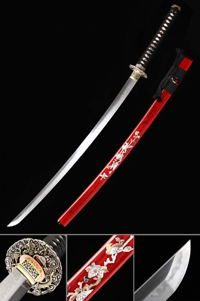 T10 Clay Tempered Katana with Red Hardwood Saya - Real Hamon, Tiger Alloy Tsuba