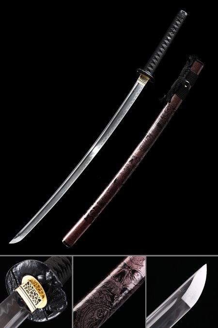 Handmade Japanese Samurai Sword T10 Folded Clay Tempered Steel Real Hamon With Skull Tsuba