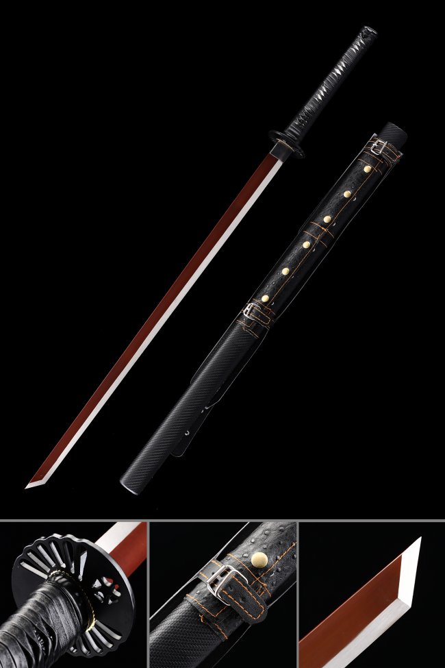 1095 Carbon Steel Ninjato with Dark Red Blade in Black Leather Saya - Geometric Iron Tsuba