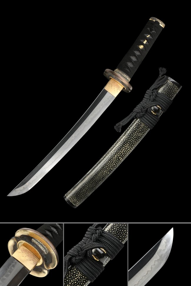 T10 Carbon Steel Tanto with Real Hamon in Black Rayskin Saya - Gold Alloy Tsuba