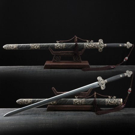 Handmade Black Rayskin Chinese Dragon Theme Damascus Steel Real Chinese Swords